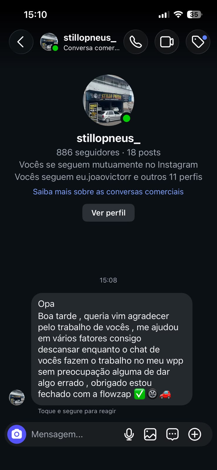 Print de mensagem real de cliente agradecendo o atendimento automático do FlowZap no WhatsApp